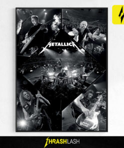 Black and white collage of Metallica performing live on stage, featuring James Hetfield, Lars Ulrich, Kirk Hammett, and Robert Trujillo in dynamic concert moments; framed poster or canvas print for collectors.