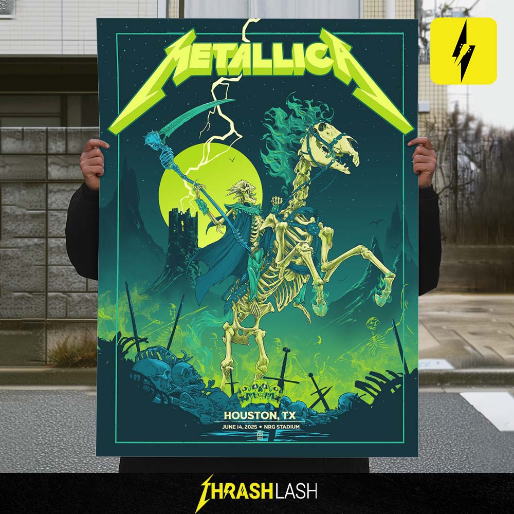 Official Metallica show poster created by Vance Kelly for the June 14, 2025 concert at NRG Stadium in Houston, Texas | Print Art Home Deco
