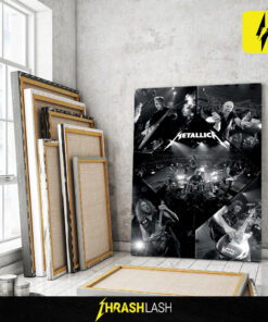 Black and white collage of Metallica performing live on stage, featuring James Hetfield, Lars Ulrich, Kirk Hammett, and Robert Trujillo in dynamic concert moments; framed poster or canvas print for collectors.
