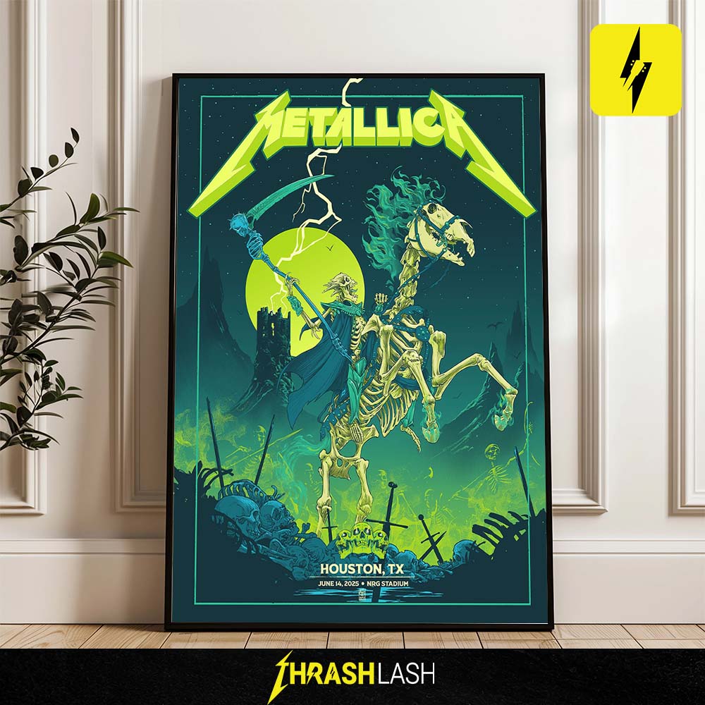 Official Metallica show poster created by Vance Kelly for the June 14, 2025 concert at NRG Stadium in Houston, Texas | Print Art Home Deco