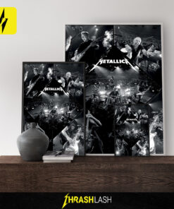 Black and white collage of Metallica performing live on stage, featuring James Hetfield, Lars Ulrich, Kirk Hammett, and Robert Trujillo in dynamic concert moments; framed poster or canvas print for collectors.