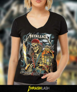 Metallica V Neck Shirt featuring new artwork by Andrew Cremeans for Night 2 concert at Raymond James Stadium, Tampa, Florida, June 8, 2025